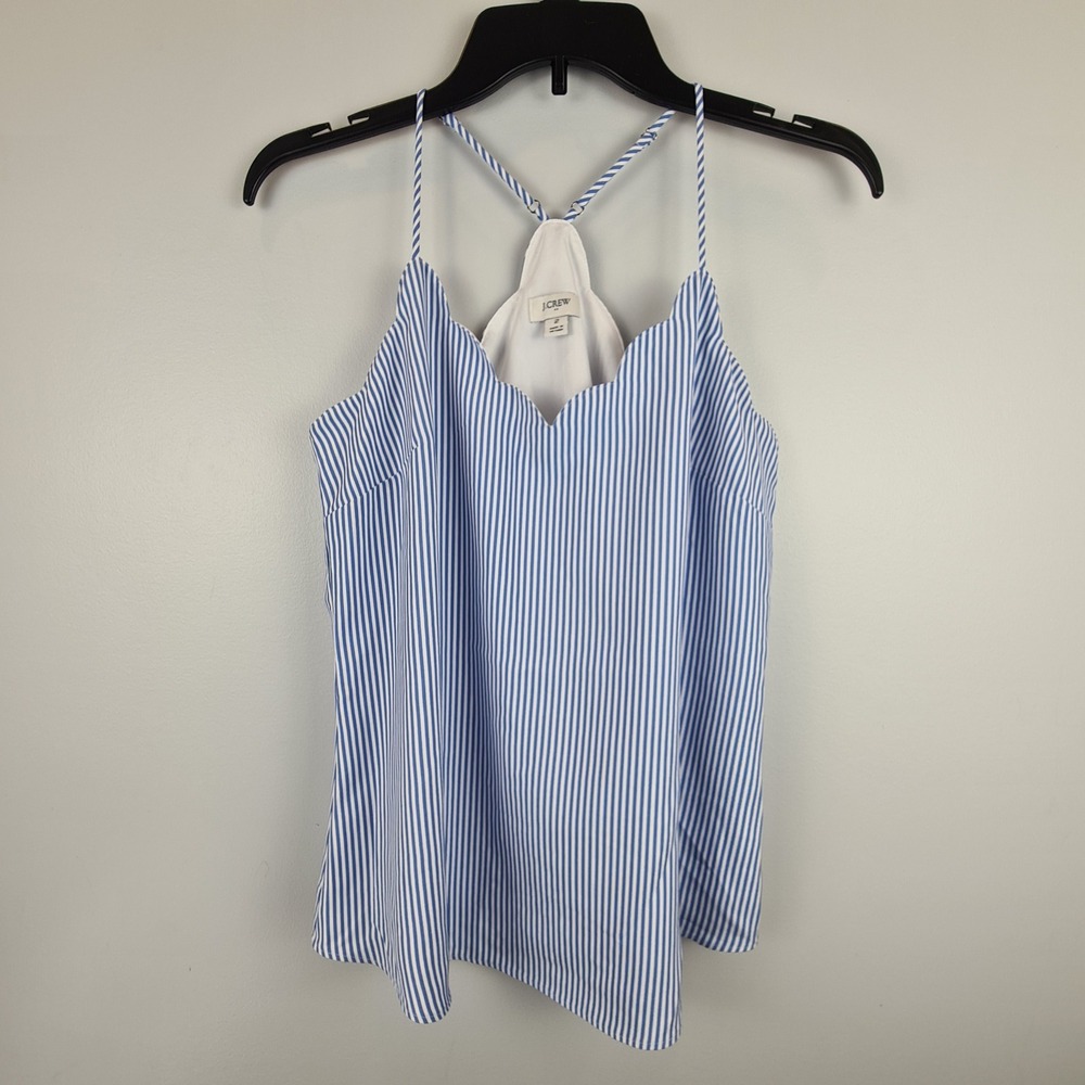 J.Crew Blue White Striped Scalloped Cami Top Women Size 2 Racerback Tank Summer